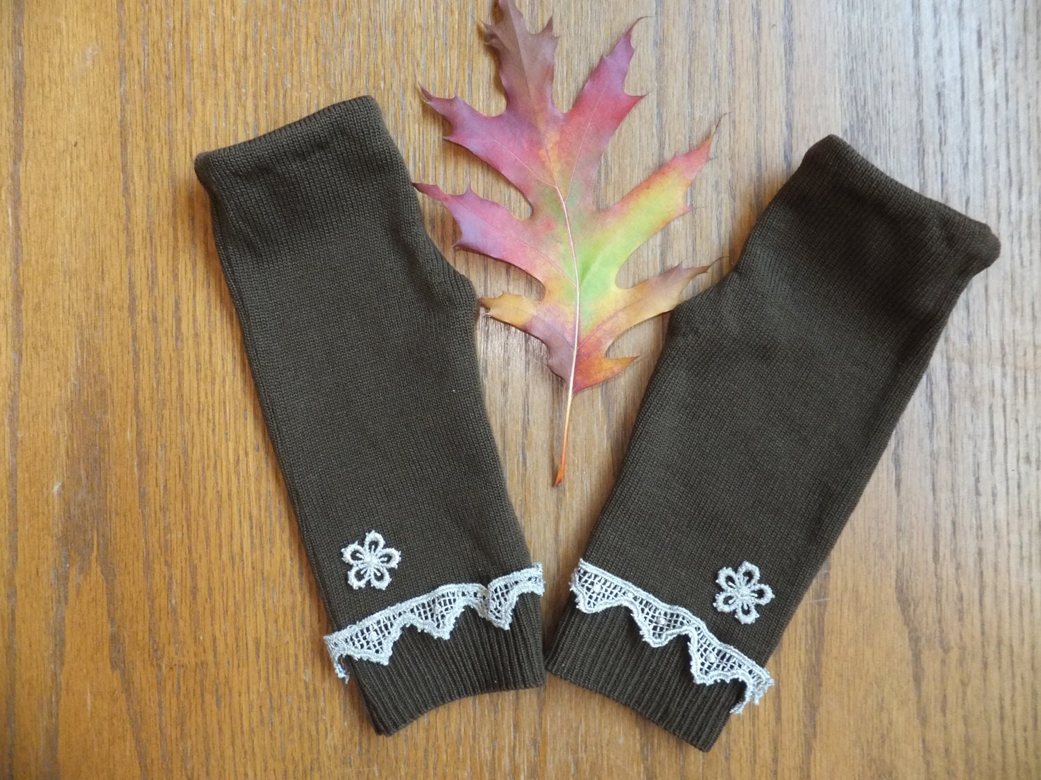 Knit Fingerless Dress Gloves with Ecru Venetian Lace - Prairie Girl Wedding Boho Inspired, Wild Crow Farms