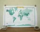 World Map Fabric - modern design print - 1 fat quarter - aqua
