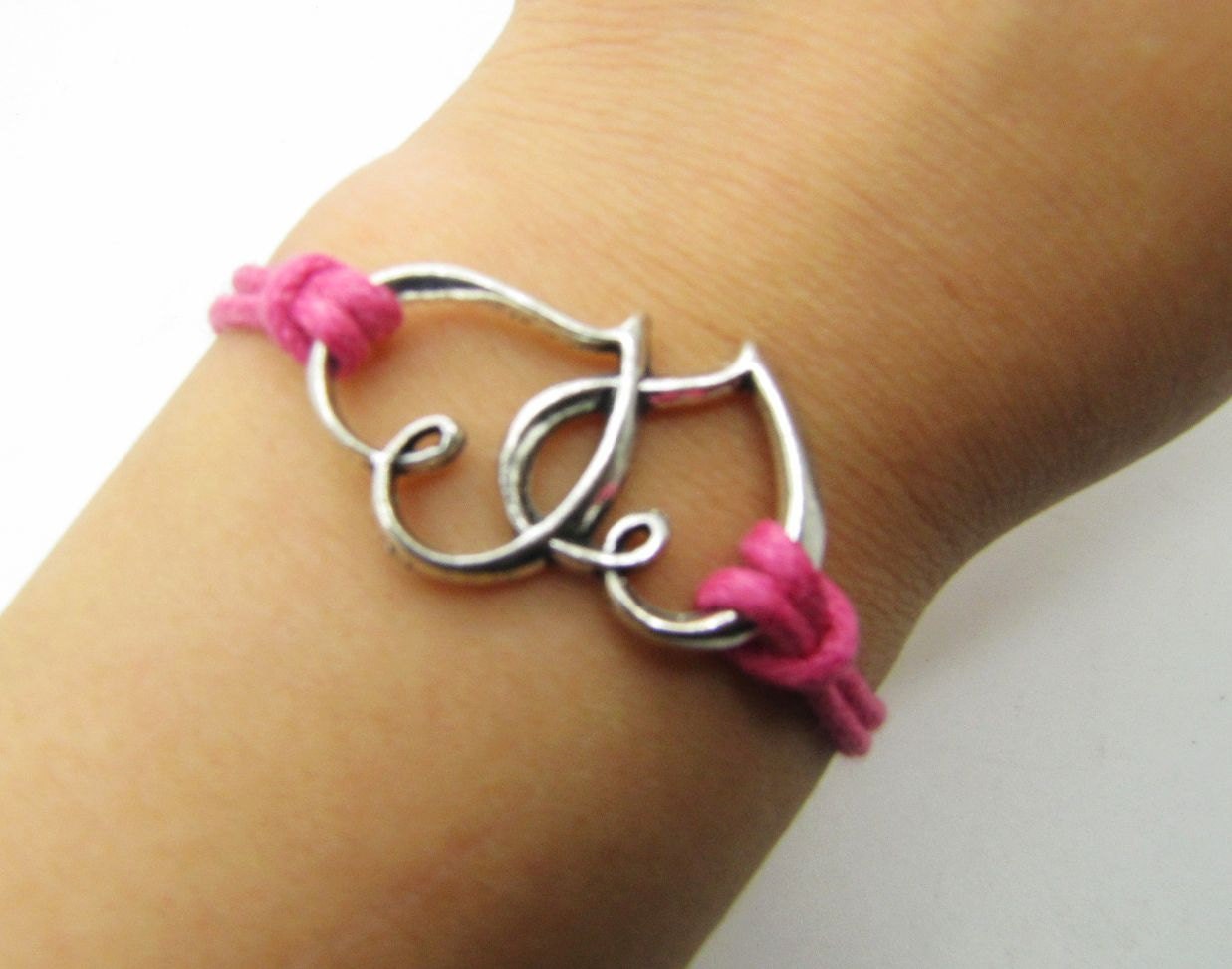 Pink Rope Steampunk Bracelet Heart to Heart adjustable Vintage silver UnisexBow and Heart to Heart Bracelett 1184S