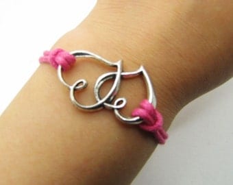 Pink Rope Steampunk Bracelet Heart to Heart adjustable Vintage silver UnisexBow and Heart to Heart Bracelett 1184S