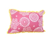 Cushion cover Messy Posey design. White design on pink Linen with yellow mini pompom trim 40cmx30cm