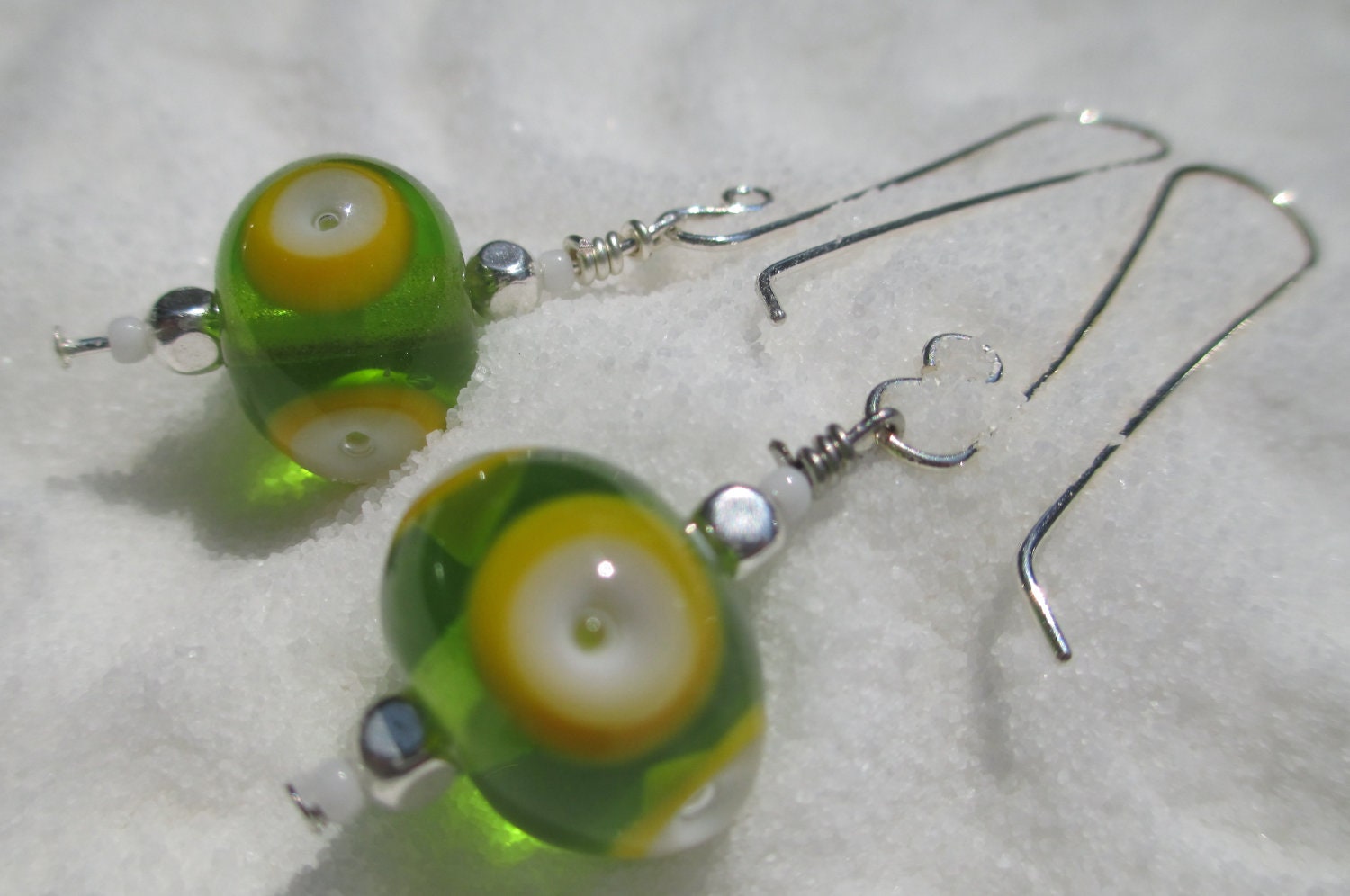 Lime Green Beaded Earrings, White and Yellow Polka Dot Earrings, Green Lampwork Earrings