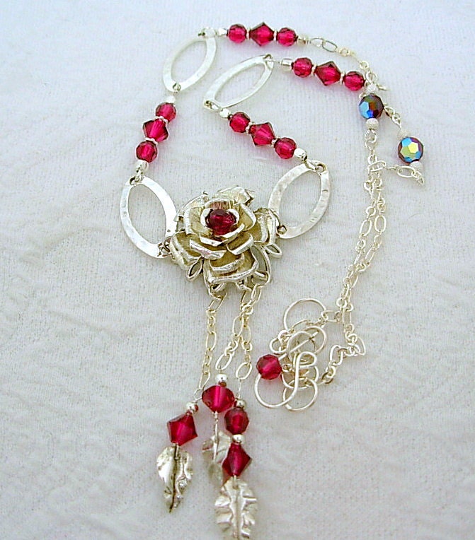 GORGEOUS, Sterling Silver Rose, Swarovski Ruby Necklace