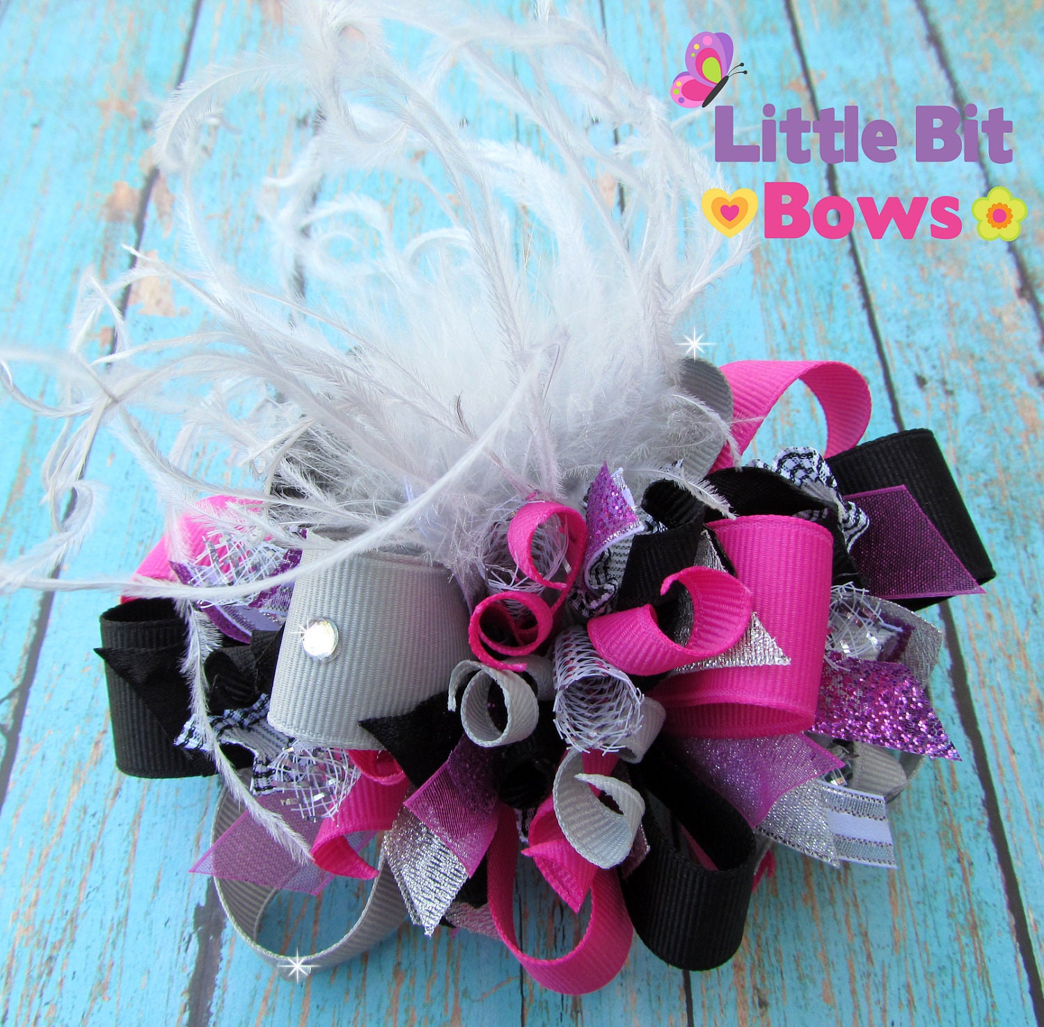 Grey, Black, and Raspbery Pink Funky Bow with Ostrich Feathers
