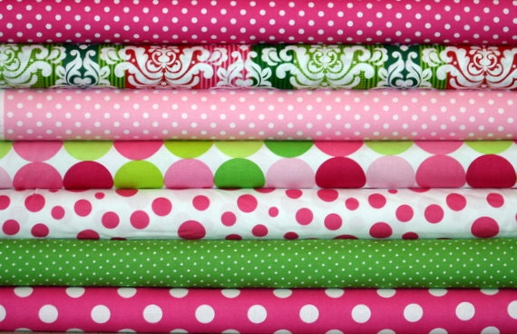 Fat Quarter Fabric Bundle for quilt or craft Michael Miller Pink and Green Fabric 7 Fat Quarters