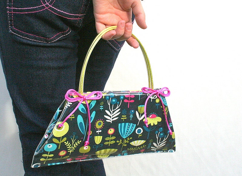 Unique vinyl purse for girls - designers own pattern - 'Retro Flowers' in marine blue - 1950s style handbag with bows - gifts under 50