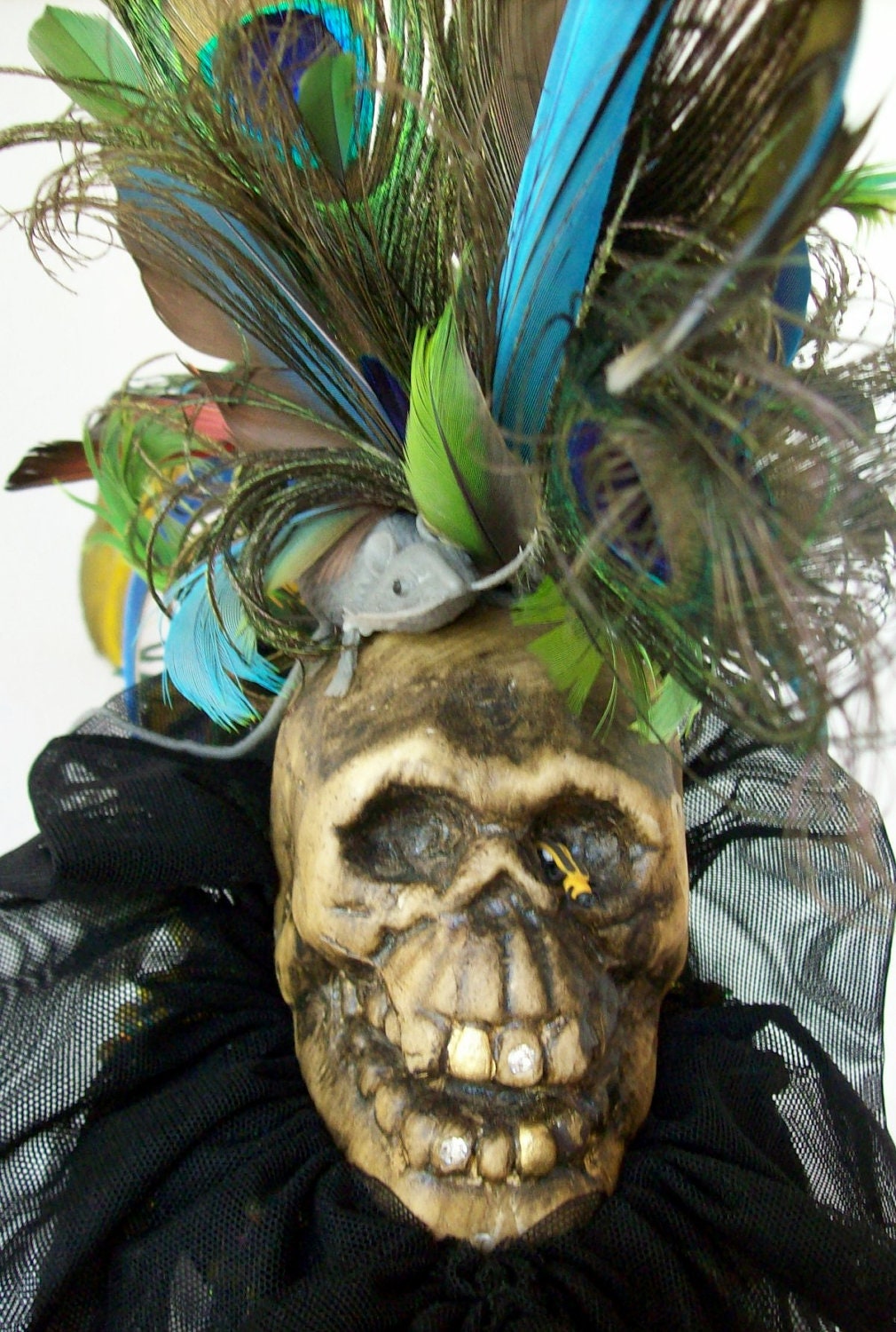 Skull Mohawk Feather Headpiece With Sheer Black Wig
