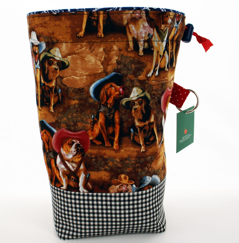 Knitting WIP Project Bag,Ruff Riders, Drawstring Cord Lock, Square Bottom, Western Dogs, Supply Clip