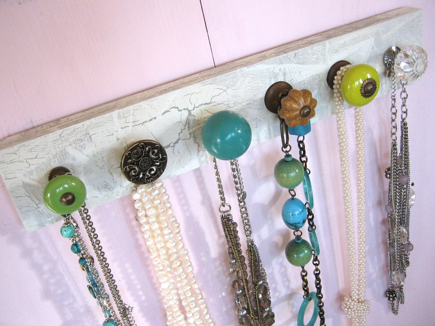 Necklace Holder with Blue and Green Knobs