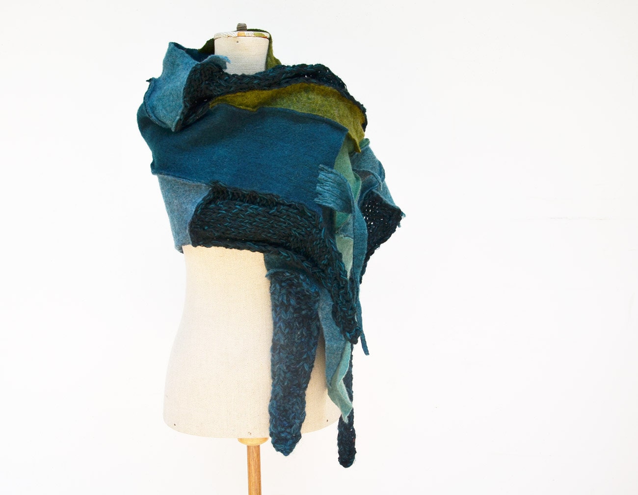Hand knited shawl, scarf in green, teal, asymmetrical unique OOAK,soft wool felt, geometrical fashion accesoryTiffany Blue