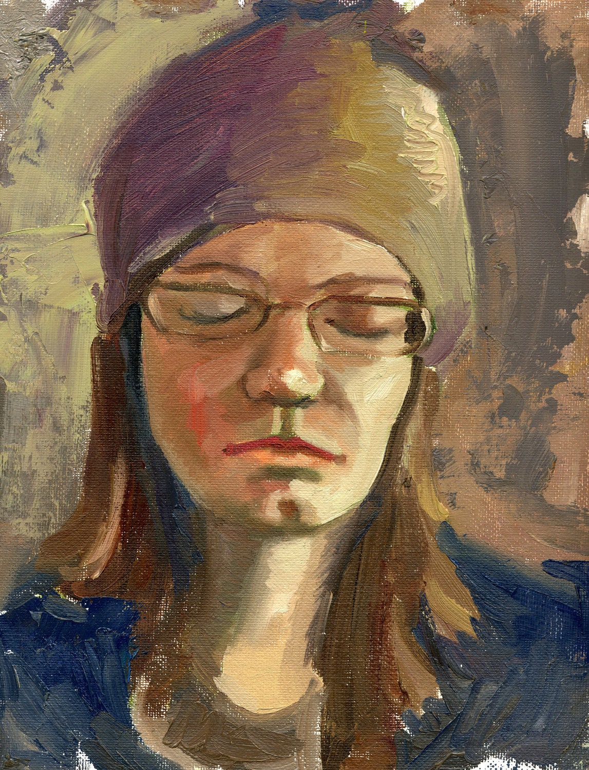 Original portrait study. 9x12 inches Oil on canvas board. Art by Brandy Cattoor. neutrals, texture, blue, purple, brown,