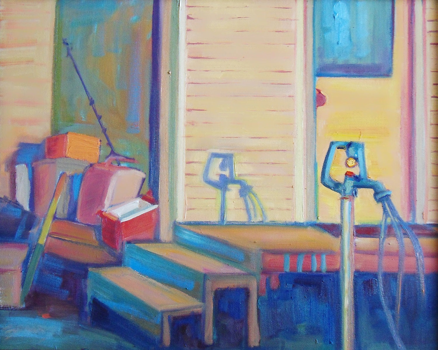 Contemporary Art by Brandy Cattoor. ACEO print of the Water Spout in summer fall, Denver, CO. Orange and blue windows and shadows