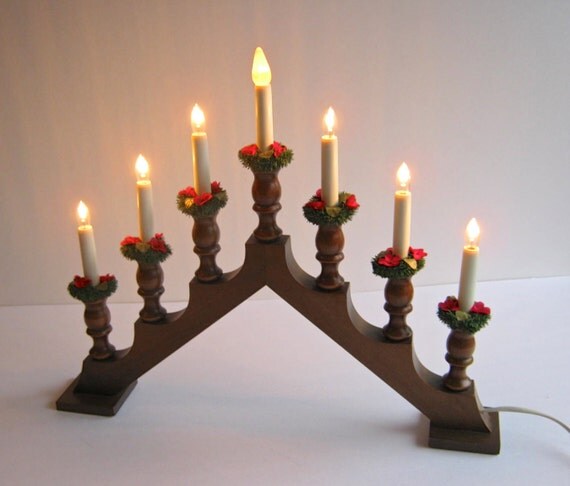 Vintage Christmas Candelabra Electric Candle Light Wooden Base Table 