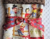 Baby Boy Cowboy Large Blanket - 35" x 29" with Brown Minky Dot Chenille - Lil Cowpoke Michael Miller Print Brown, Red, Blue