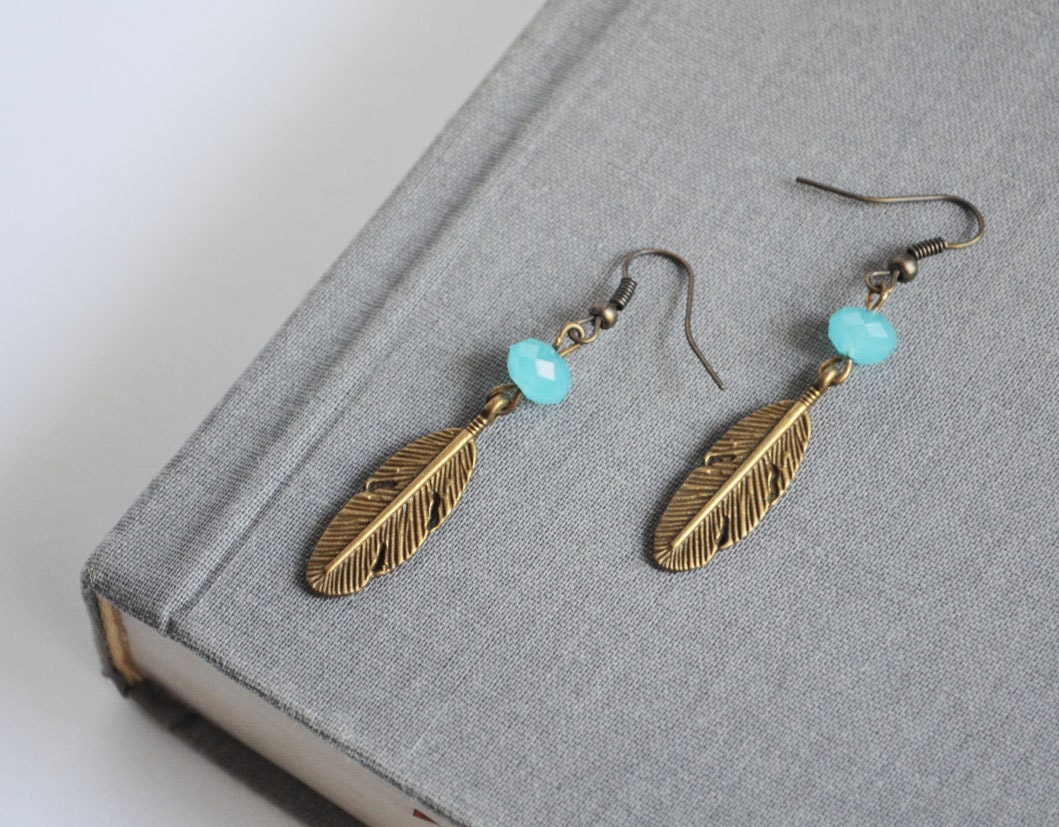 Tribal Feather Earrings. Native American Inspired Jewelry. Hippie Feather Blue Stone Jewelry