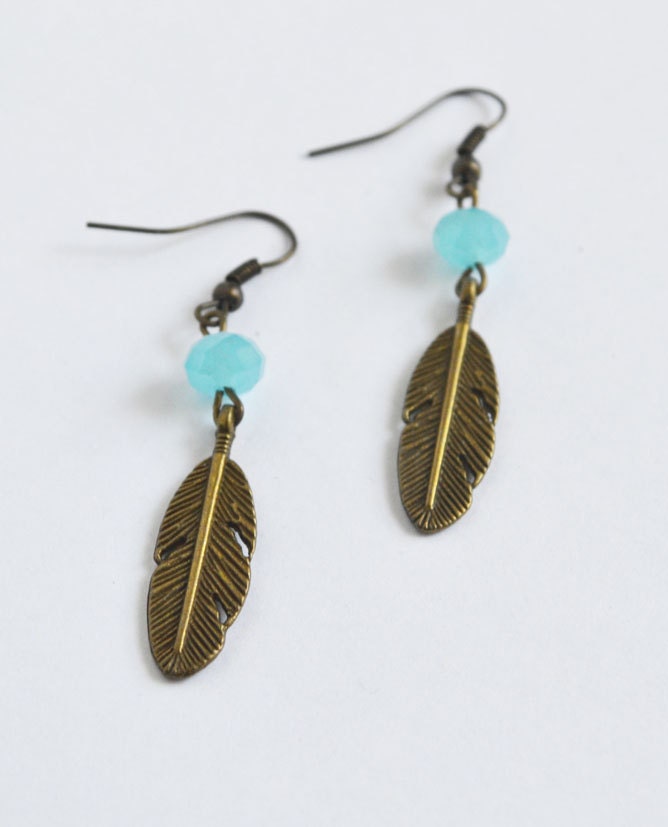Tribal Feather Earrings. Native American Inspired Jewelry. Hippie Feather Blue Stone Jewelry