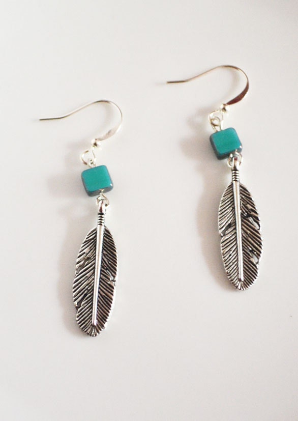 Native Inspired Earrings. Tribal Feather Jewelry. Small Detailed Feather.Blue Tile Bead. Feather Jewelry Native American