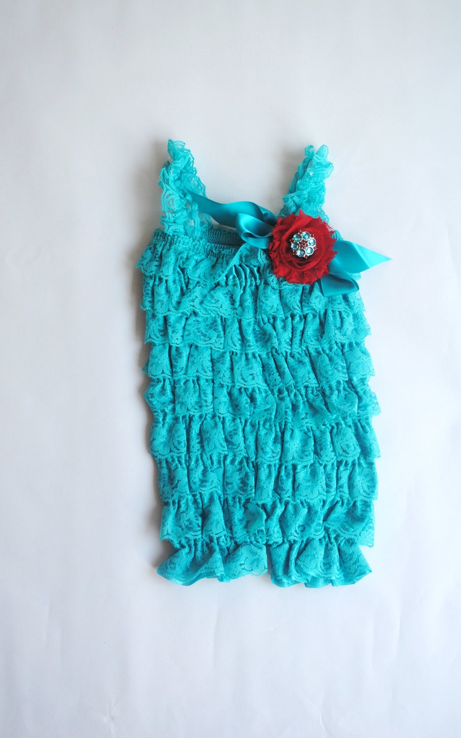 Light Turquoise Lace Newborn,Toddler, Girl Baby Petti Romper Photo Prop With  Hair Shabby Flower Clip