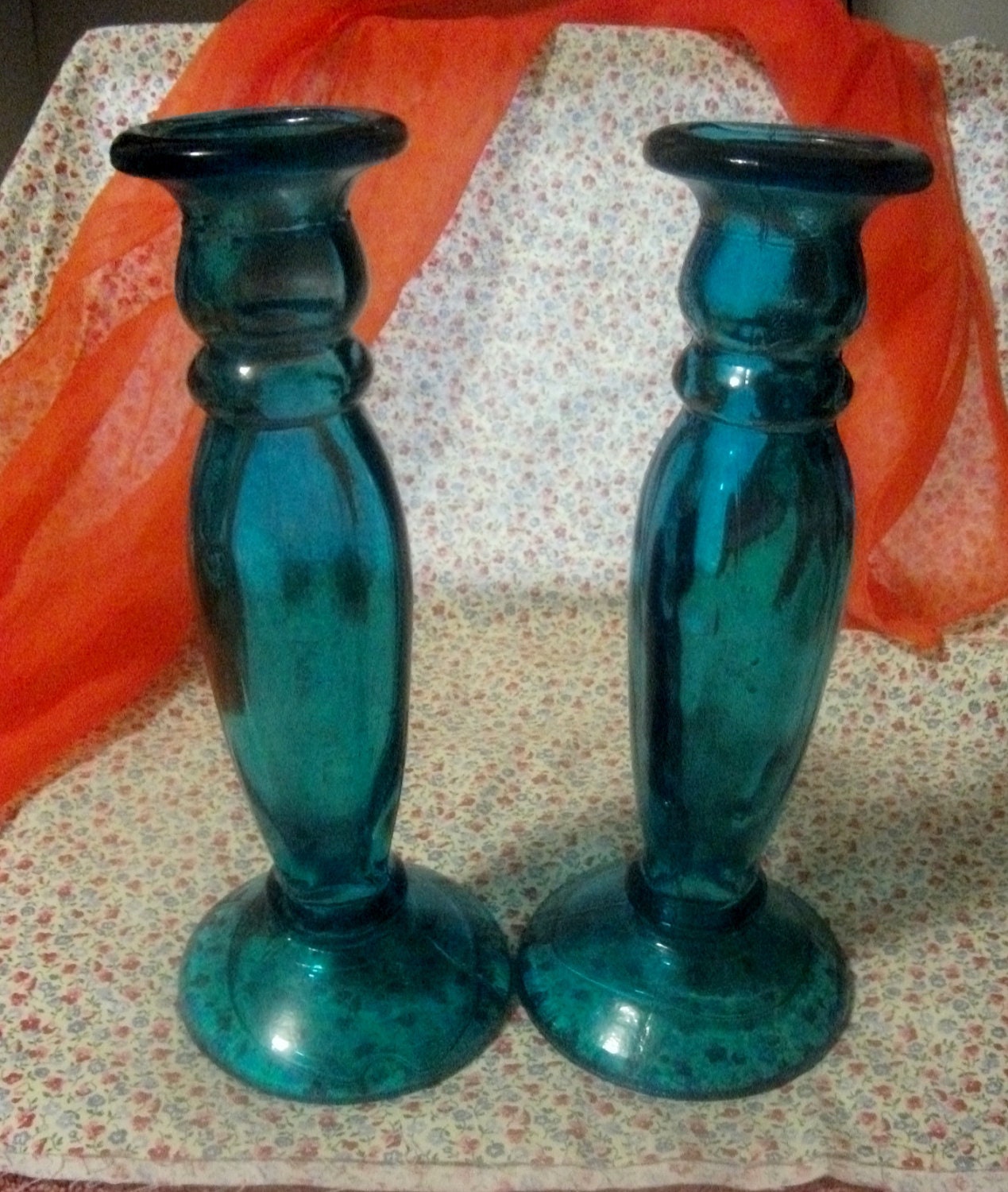 Vintage Blue Glass Candle Holders Matching Pair 9 Inches Tall Both for ONLY 8 USD