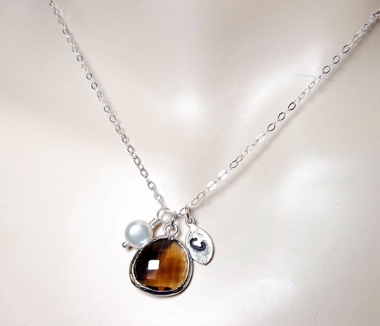 Personalized necklace - Sterling Silver - hand stamped - initial - Topaz - Freshwater pearL -  Bridesmaids - Gift -
