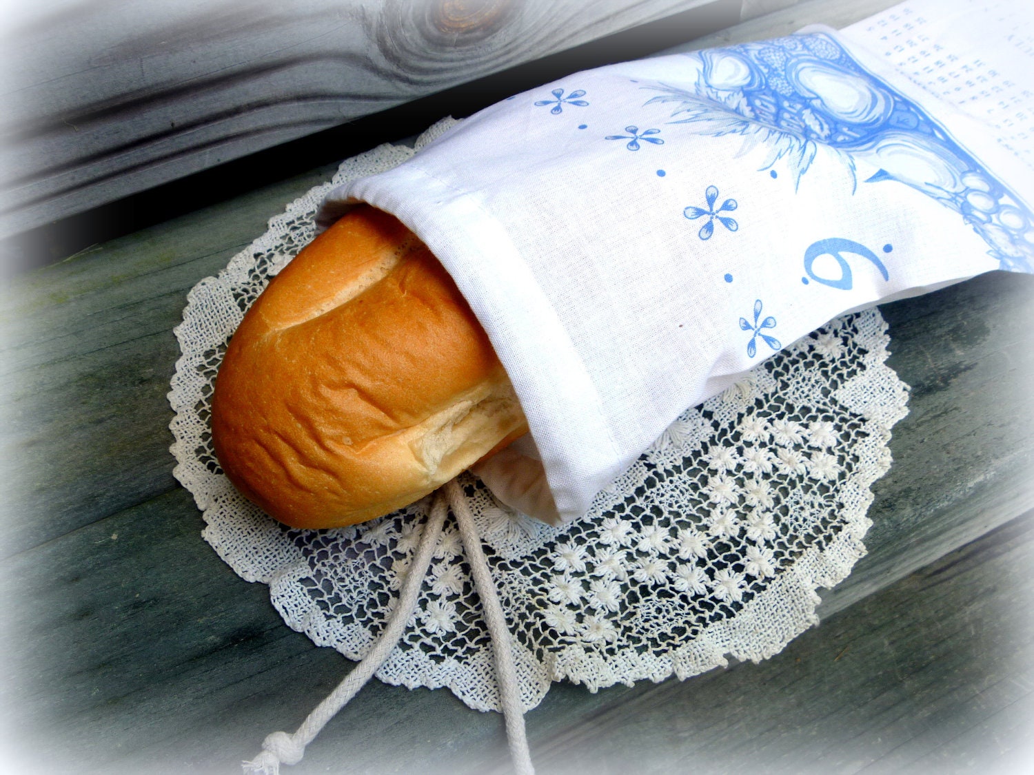 Bread Bag made from a Blue Cream Vintage 1993 Linen Cloth Calendar Fruit Pineapple Theme