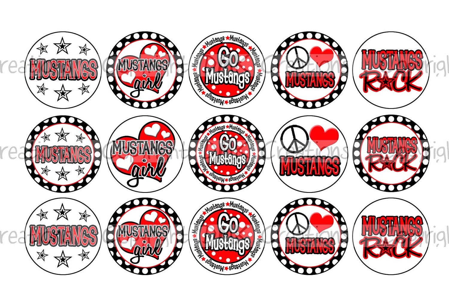 Mustangs INSPIRED Red & Black School Spirit Sports Team Bottle Cap Images 4x6 Printable Bottlecap Collage