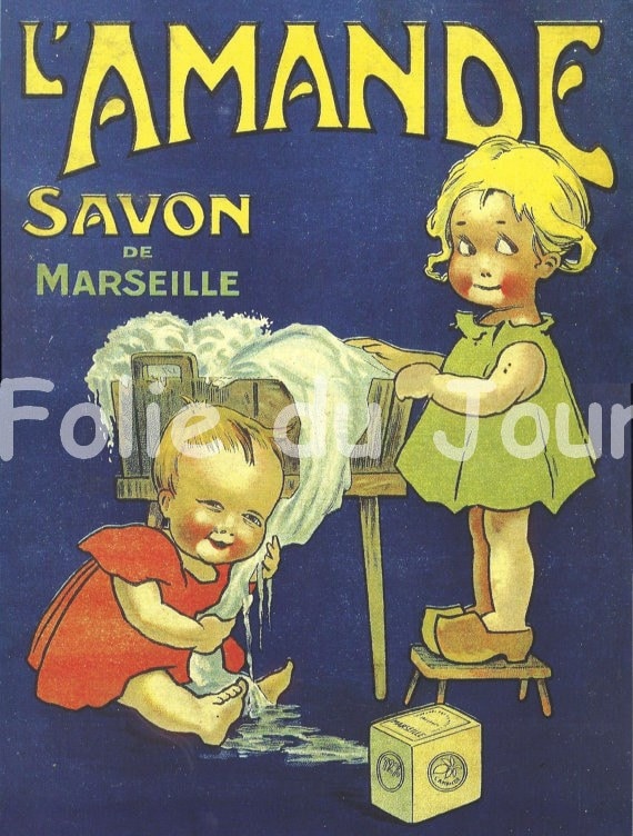 Savon de Marseille l'Amande poster - Antique Blue Soap, cute children, Advertising Lithograph Poster To Frame LARGE 20 x 30 inches