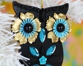 Black Owl Ornament Christmas Decoration Jeweled Wood Hand Painted