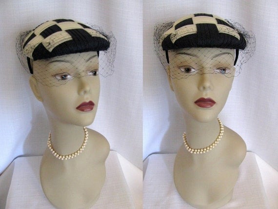 Vintage 1950s - 60s Daytons Hat - Checked Cream and Blue Black - Kentucky Derby Hat