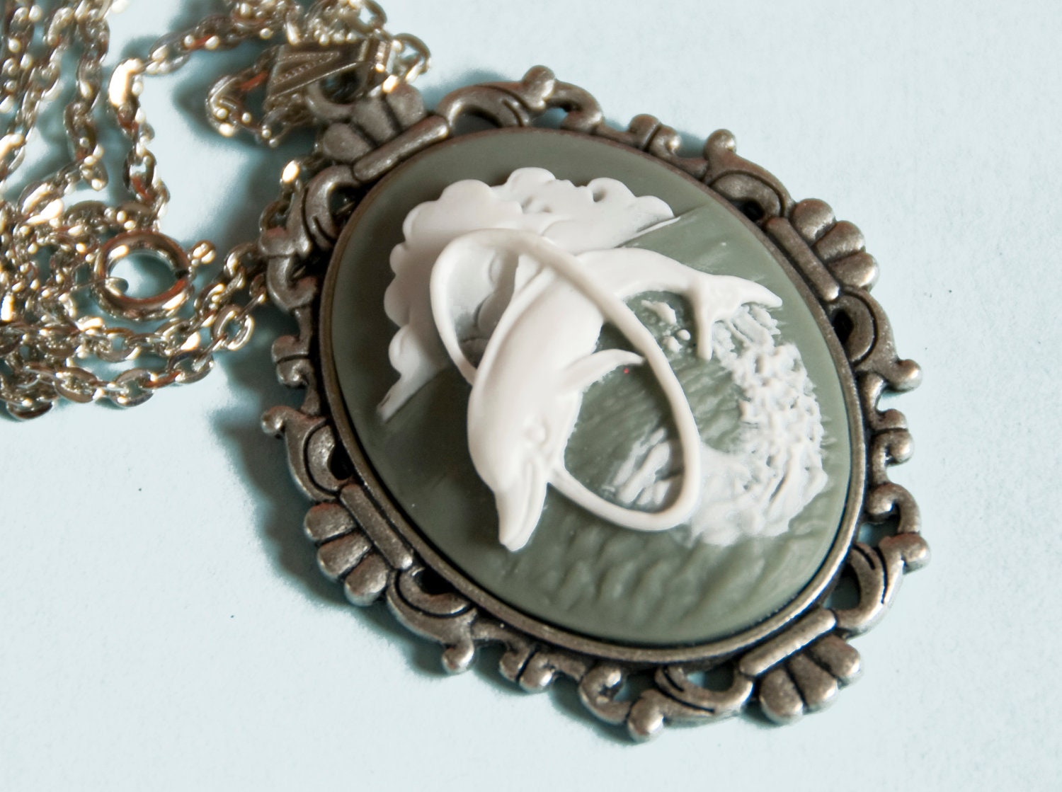 Dolphin Cameo Necklace Silver nautical 10% of sale will be donated to Sea Shepherd Conservation Society