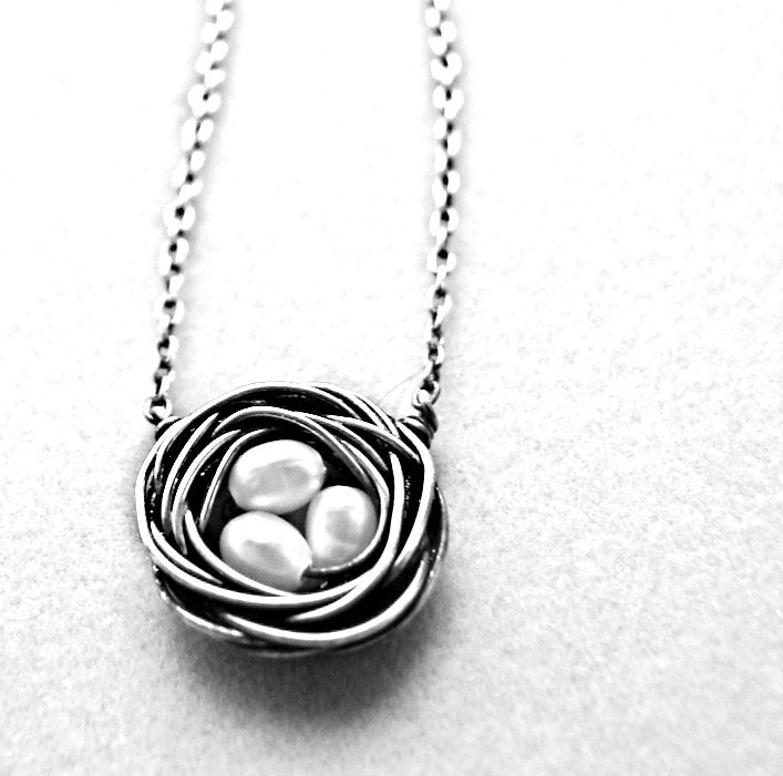 Easter, Miniature, Realistic, Sterling Silver, Fertility Bird Nest w/ Pearls Eggs, Organic, Nature, Necklace