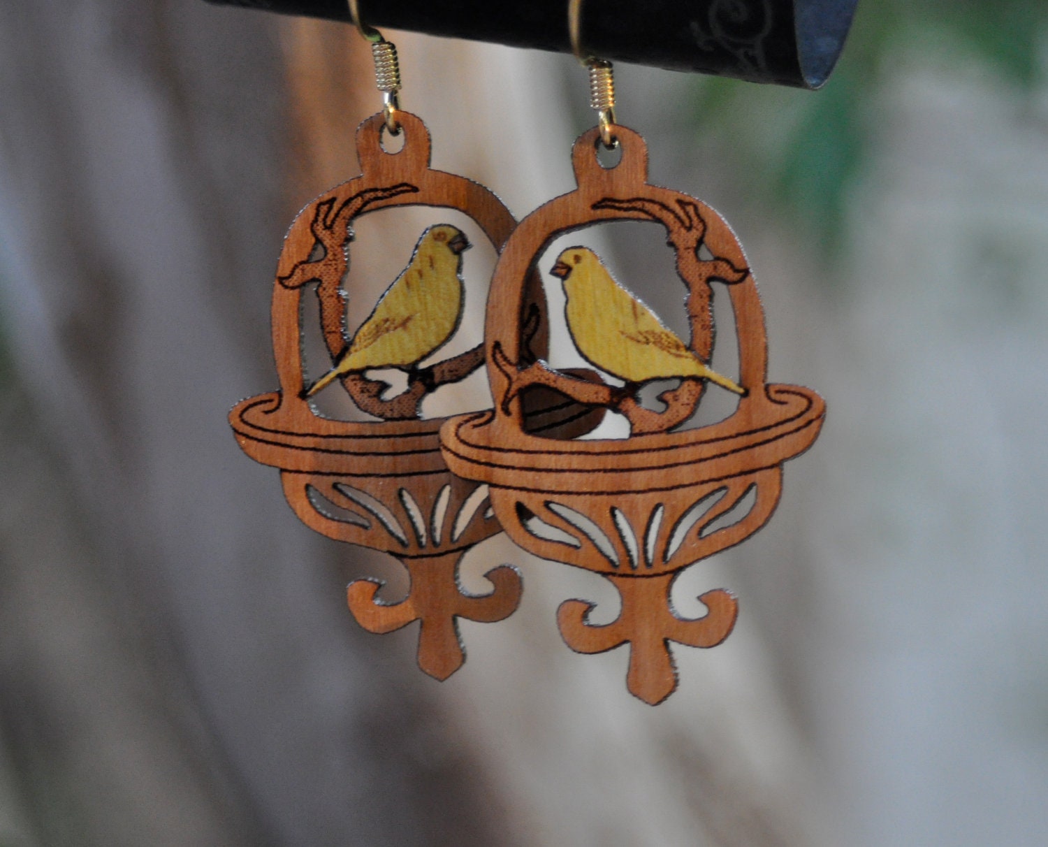 Canary Bird Wood Inlay Earrings