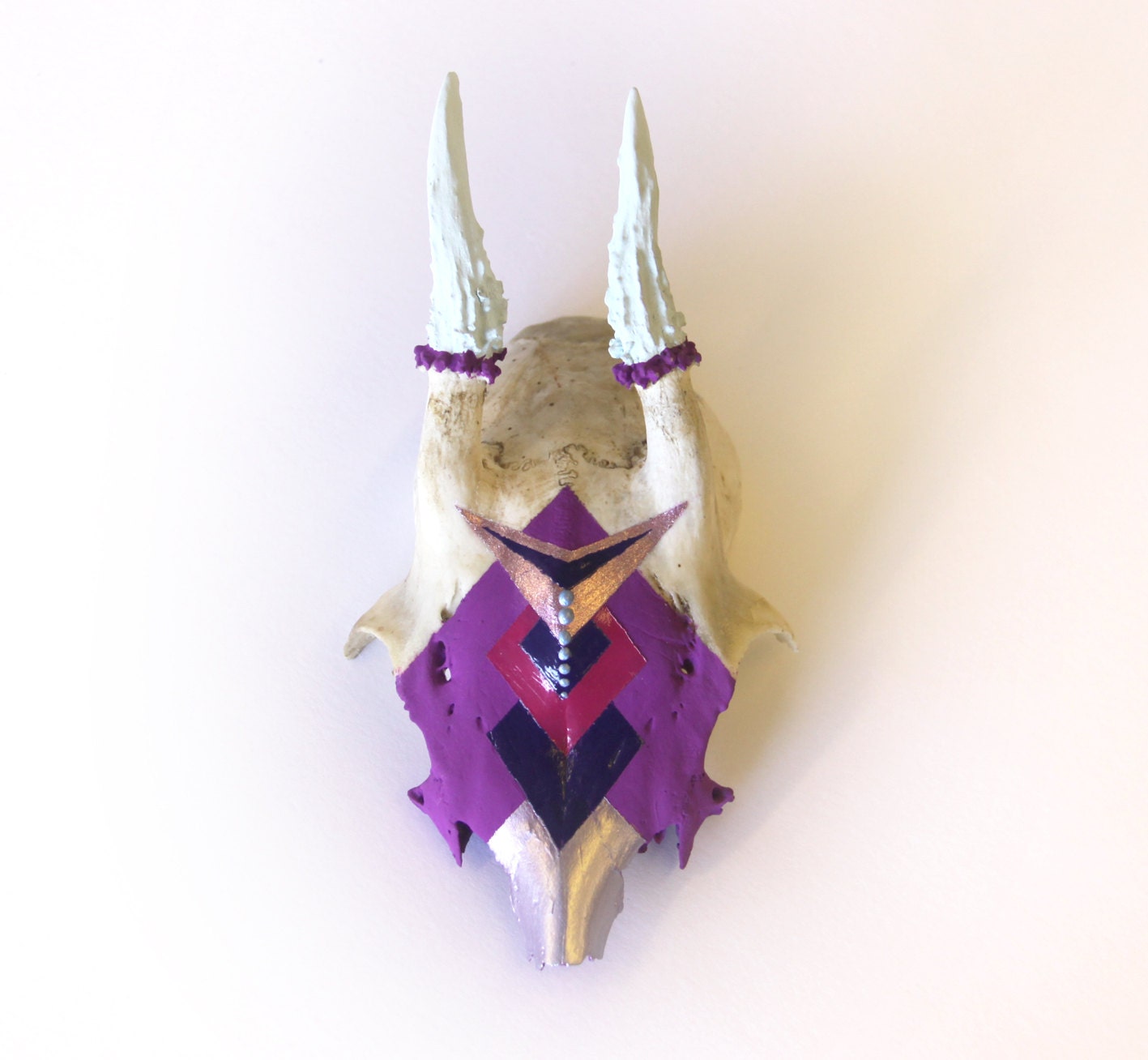 BRIGHT & DARK PURPLE geometric aztec design painted deer skull and antlers with metallic pink and ice blue accents