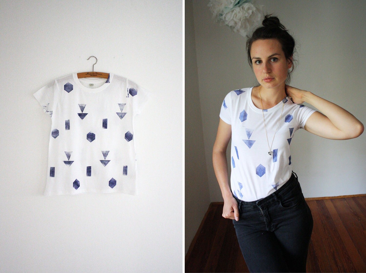 Shirt // white / blue // random geometry