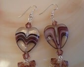 Purple lampwork Dangle Earrings / purple hearts / Amethyst colored crystals