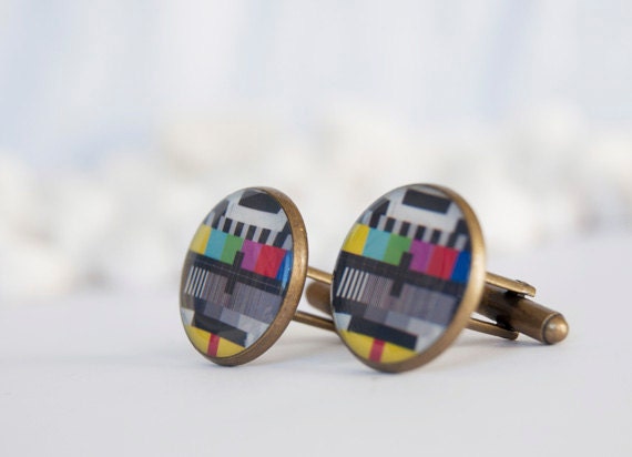 Retro TV test card resin cufflinks. Antique bronze tone