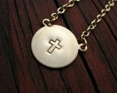 Handstamped Simple Cross Necklace in Brass/Gold Confirmation Gifts Custom Cross Brass Circle Pendant Gold Plate Chain Necklace FREE SHIPPING