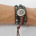 3X Beaded Leather Wrap - Moss Green Agate on Distressed Red Brown Leather with Silver Star button (WB168)