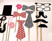 Black Damask Photo Booth Props - Wedding Photo Props - Red Polka Dot Photo Props
