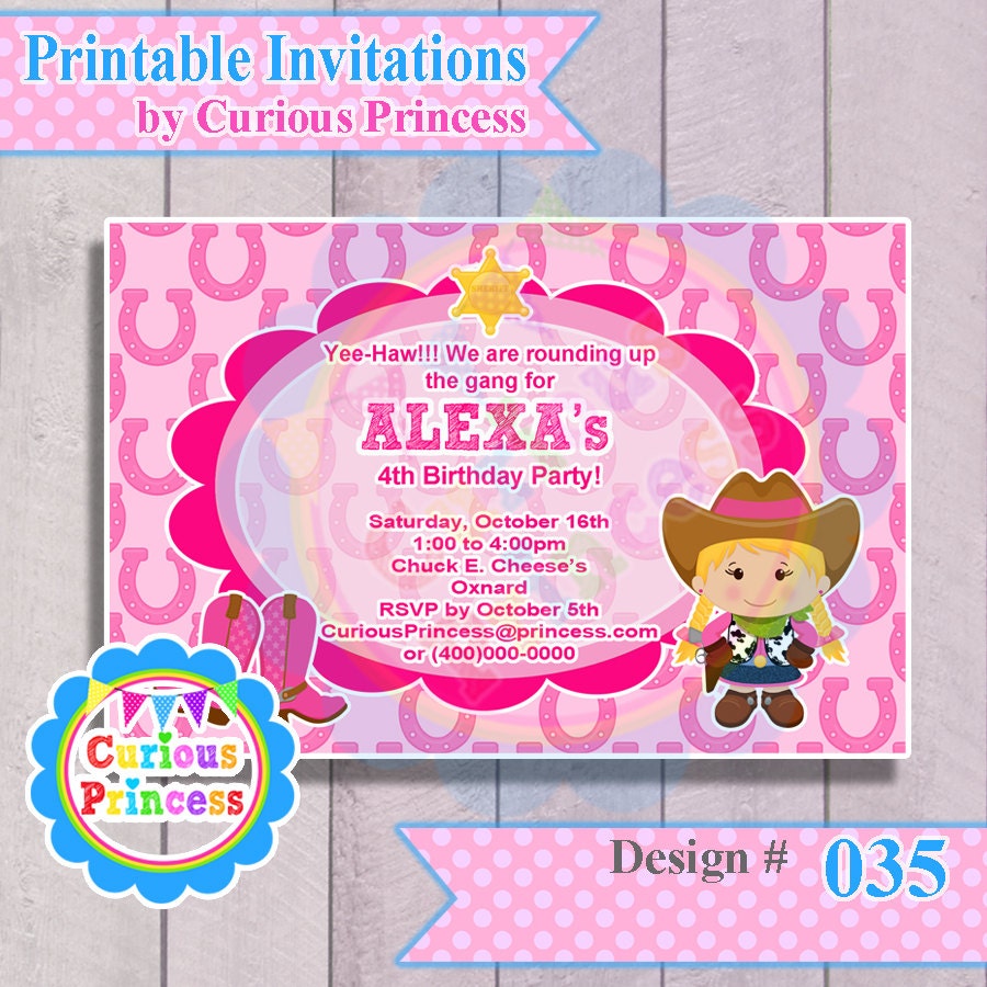 035 CUTE cowgirl farm invitations PRINTABLE DIGITAL file invitation blonde or Thank You cards pink 4x6
