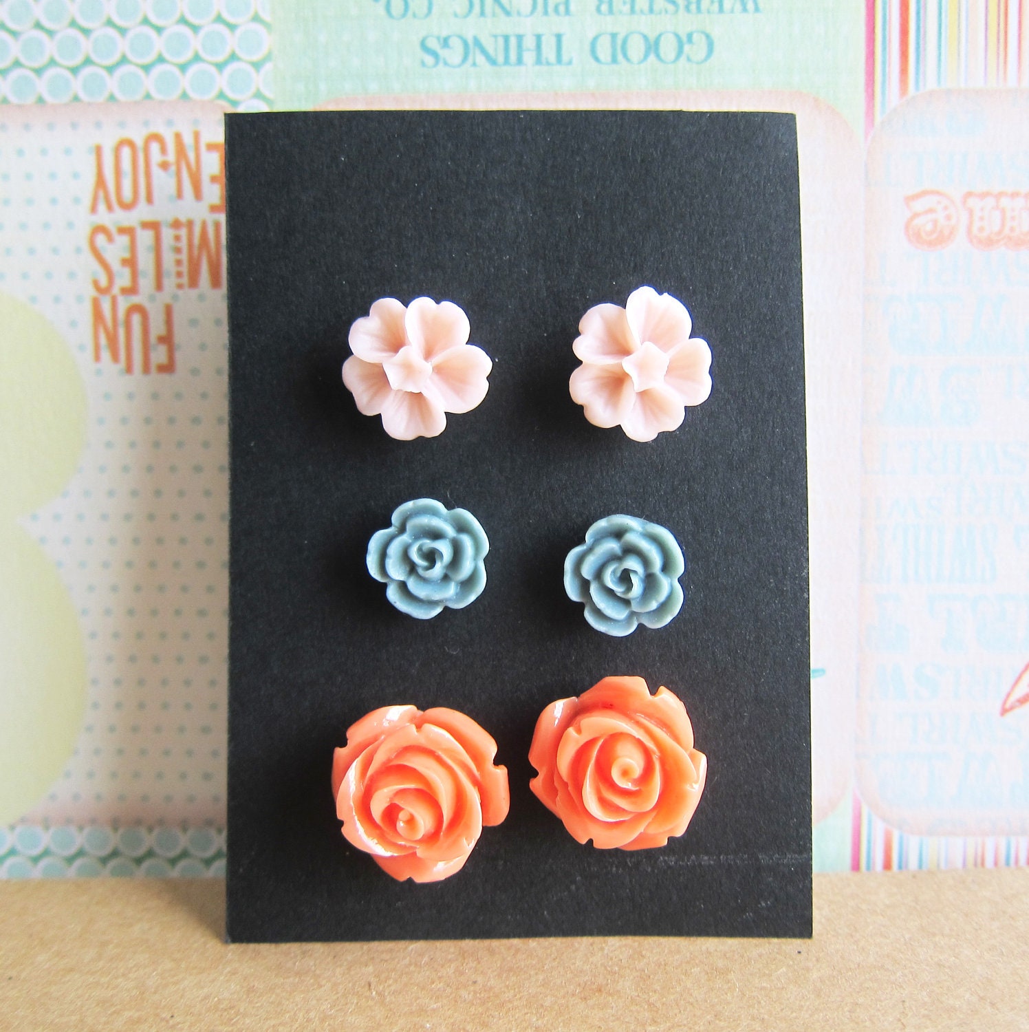 Floral Earrings Set Floral Stud Post Earrings Set Rose Earrings Lot of 3 Flower Post Set Purple Red Aqua Turquoise Mint Green Fall Winter