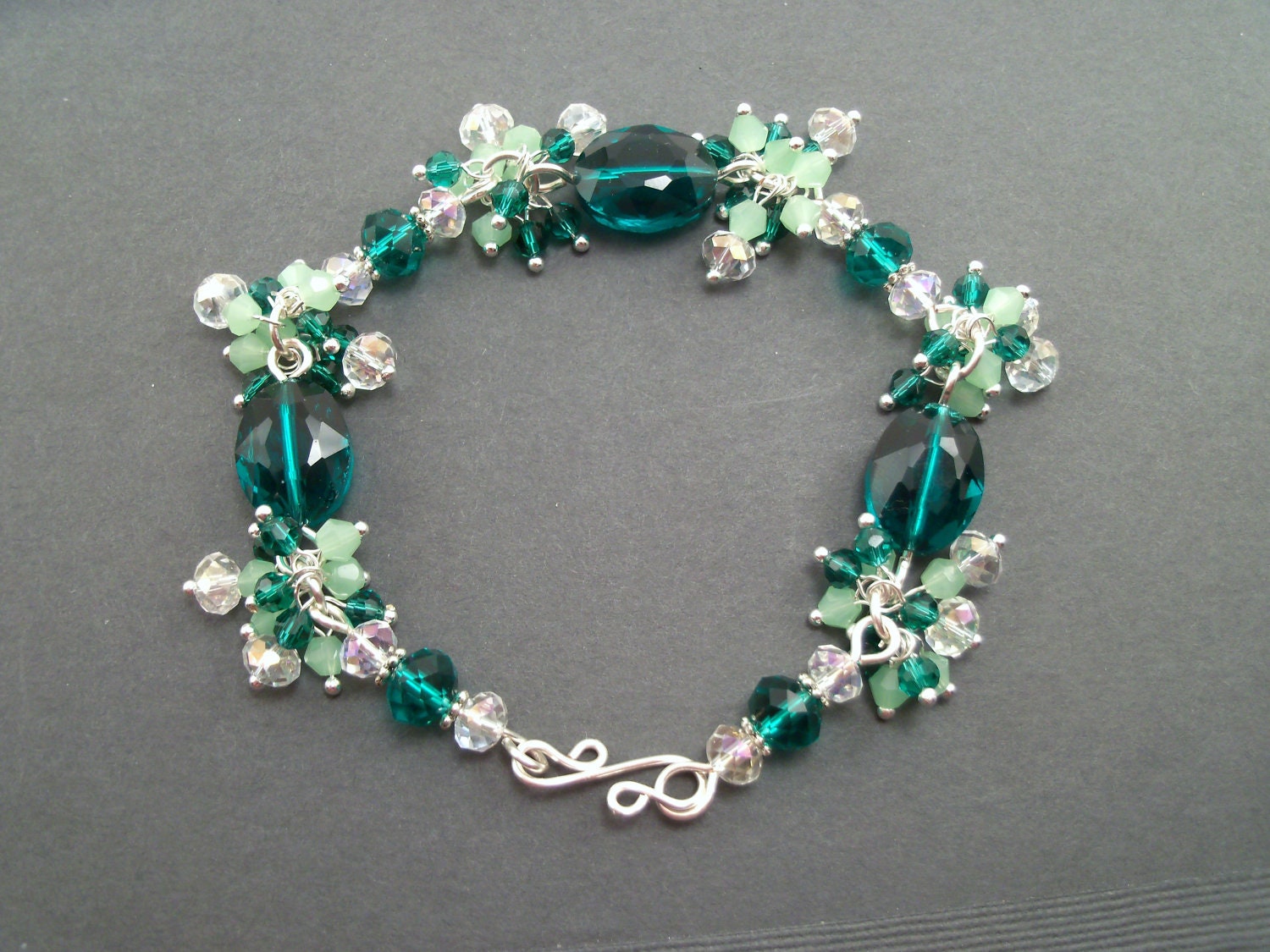 Bracelet  in Christmas Green Crystals.  Handcrafted Holiday Glam