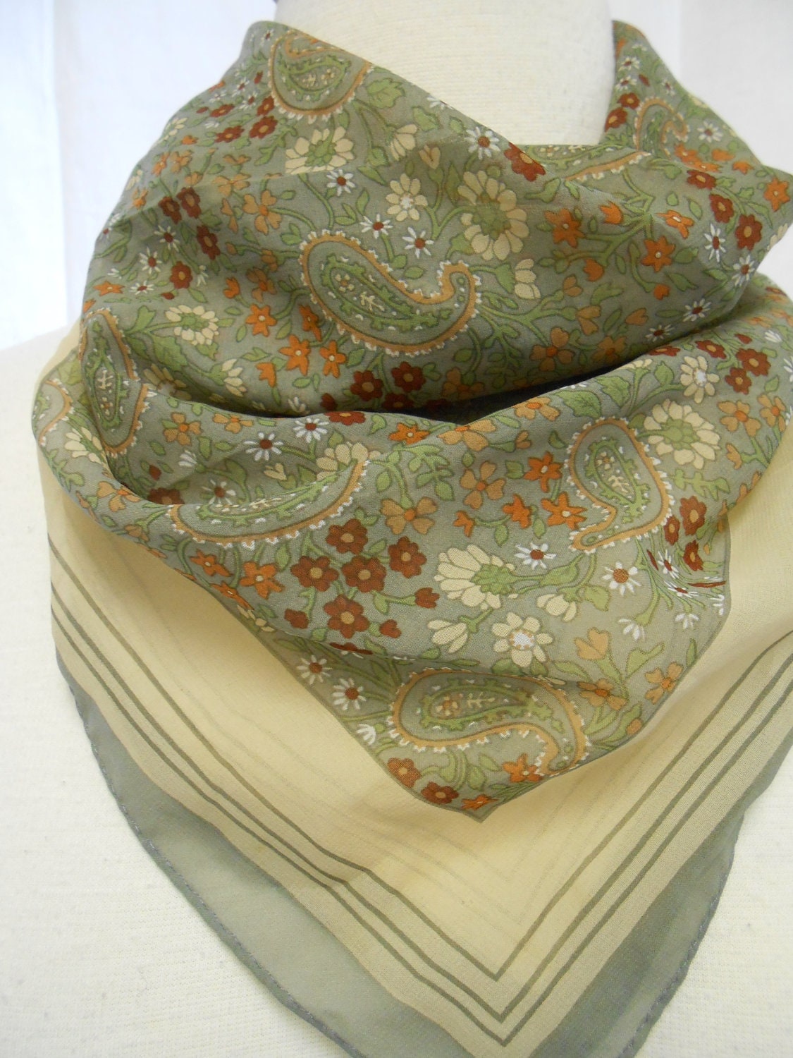 Gray, Tan & Red Paisley FLORAL Print Semi Sheer Chiffon Scarf / Md Square Scarf 20.5 x 20.5"