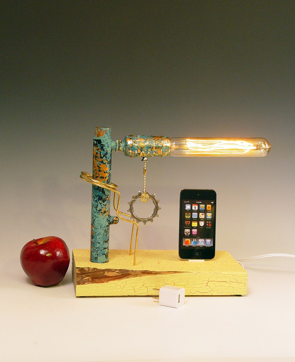 iPhone iPod dock AND table lamp. Recycled wood. by hairqueen48