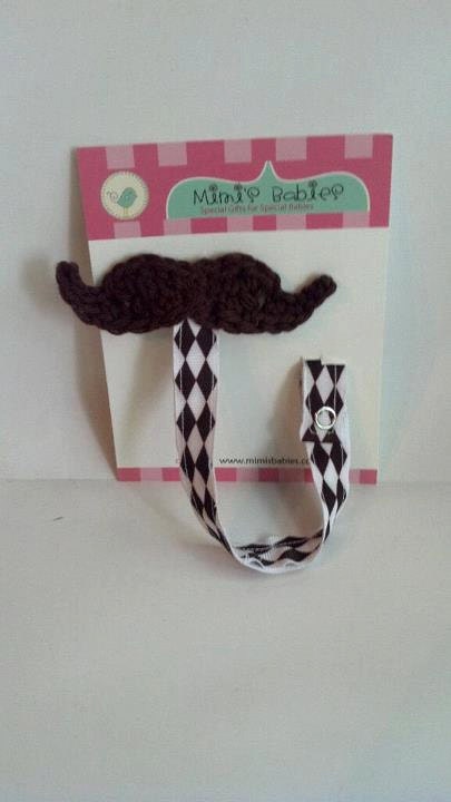 Mustache Pacifier Clip - Crochet in Chocolate Brown with Diamond Print Ribbon