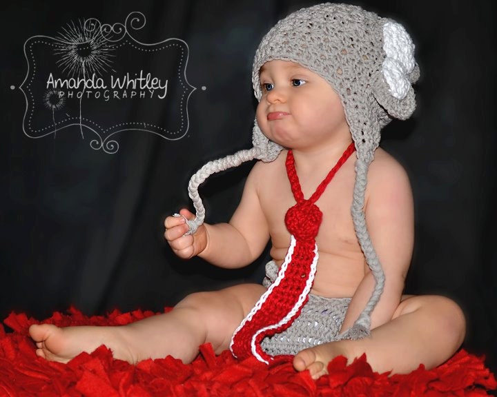Alabama Elephant Crochet Hat, Diaper Cover, and Tie - Gray and Crimson Red - Newborn, Baby, Toddler Sizes Available - Great Photography Prop