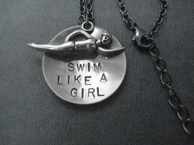 SWIM Like a GIRL Necklace - Swimming Jewelry Necklace on 18 inch gunmetal chain - Triathlete Necklace - Swim Team Jewelry