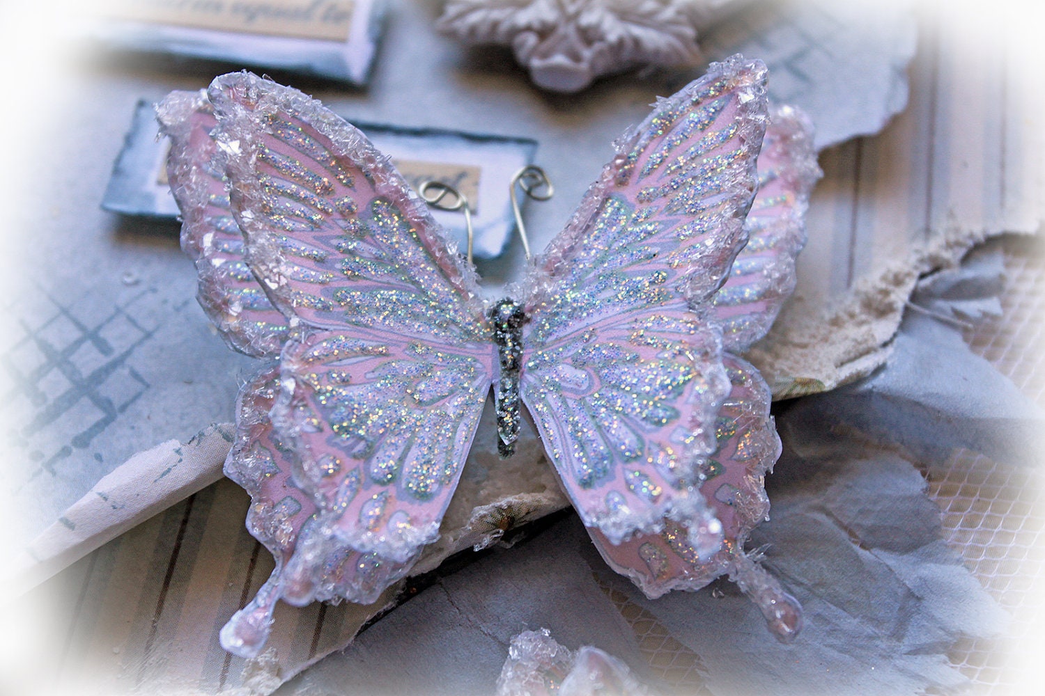 Butterfly Set - Pink Icicles Glitter Glass Butterflies Scrapbook Embellishment Tag Card Mini Album Wedding