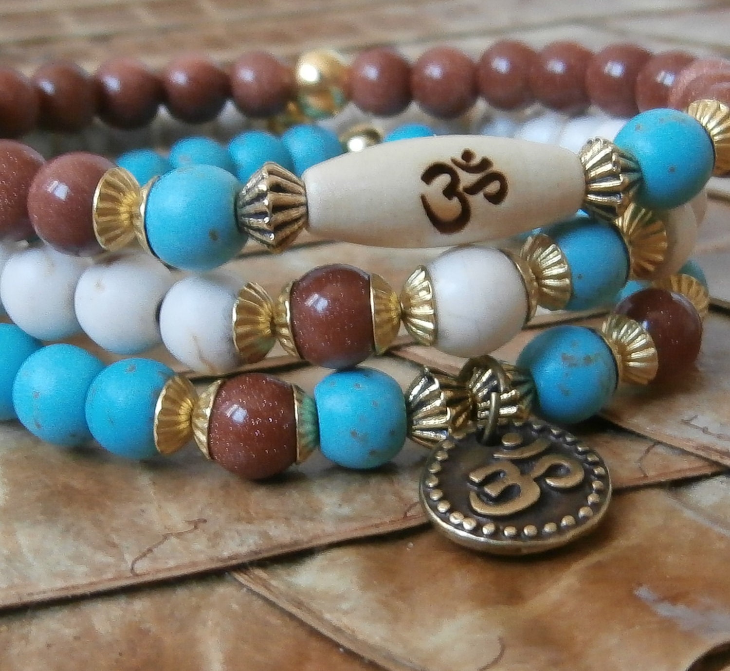 Knowledge & Confidence set of 3 Yoga bracelets, Om and engraved Om wood bead, Howlite, Goldsone. Meditation, Reiki Charged, free shipping
