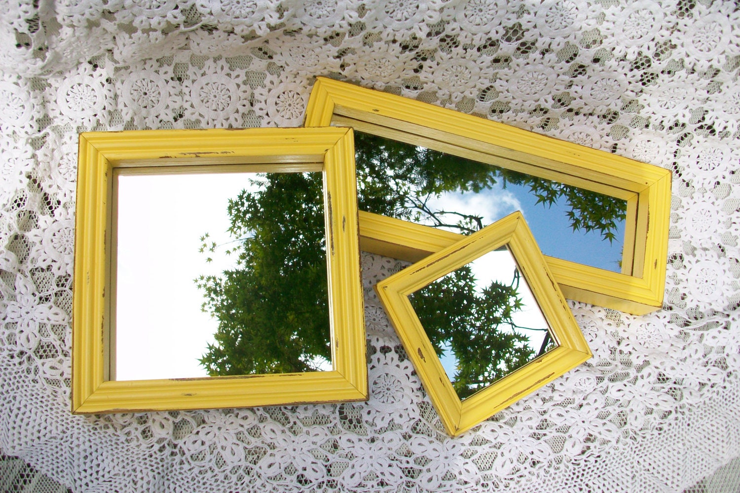 Vintage Mirror Collection, Small Mirrors, Accent Mirrors, Set of 3 Wall Mirrors with Yellow Frames, Shabby Chic, French Country Decor